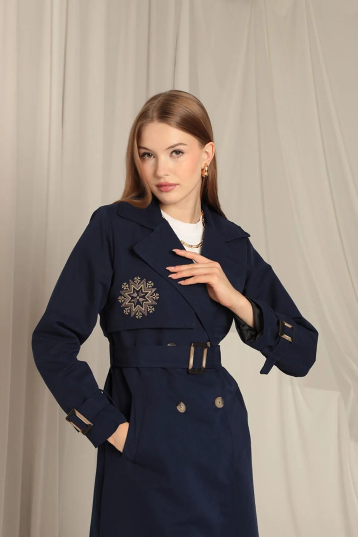 KKT Torino Fabric Embroidered Women's Navy Blue Trench Coat - Manzanillo