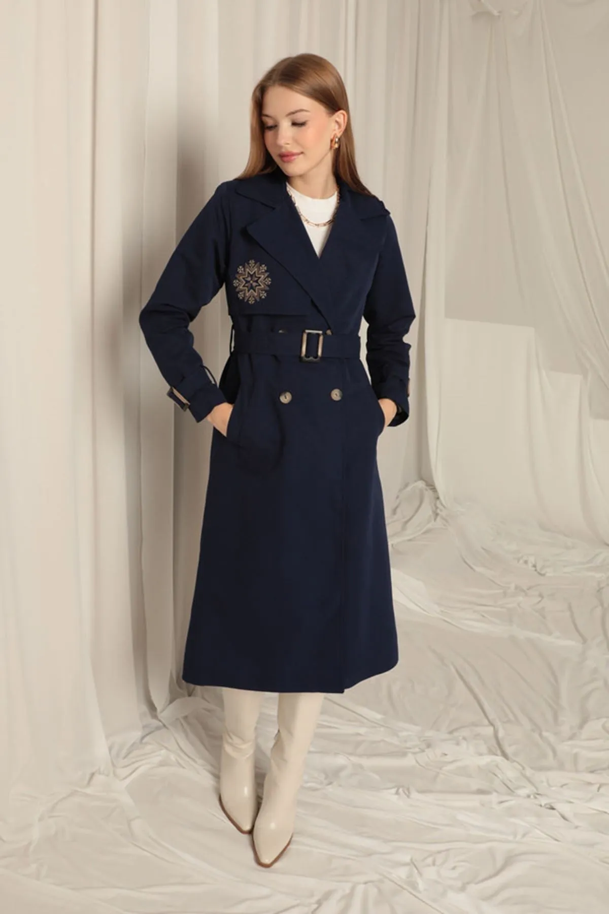 KKT Torino Fabric Embroidered Women's Navy Blue Trench Coat - Manzanillo