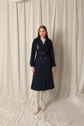 KKT Torino Fabric Embroidered Women's Navy Blue Trench Coat - Manzanillo