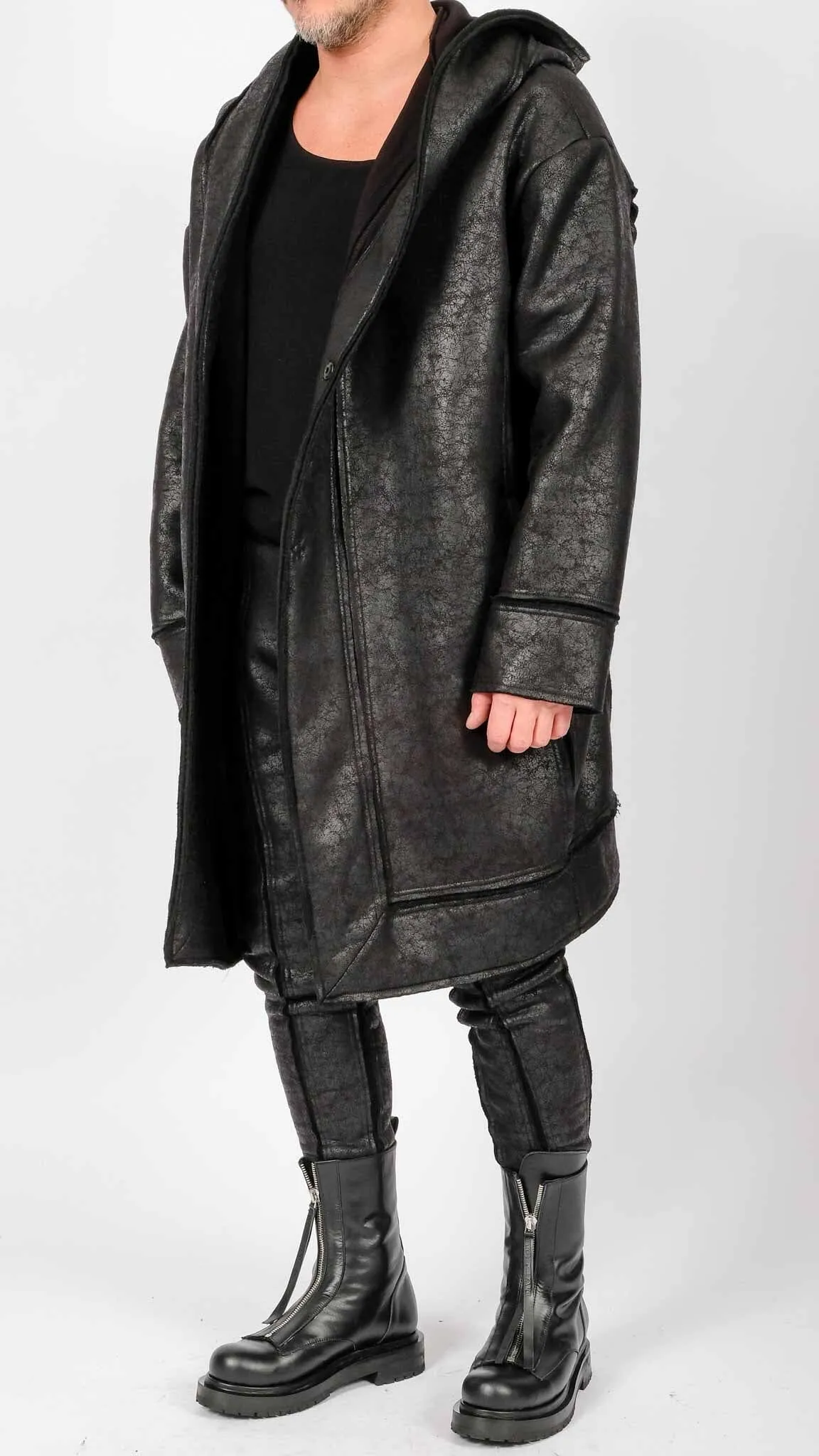 Leather Effect Coat with Hood