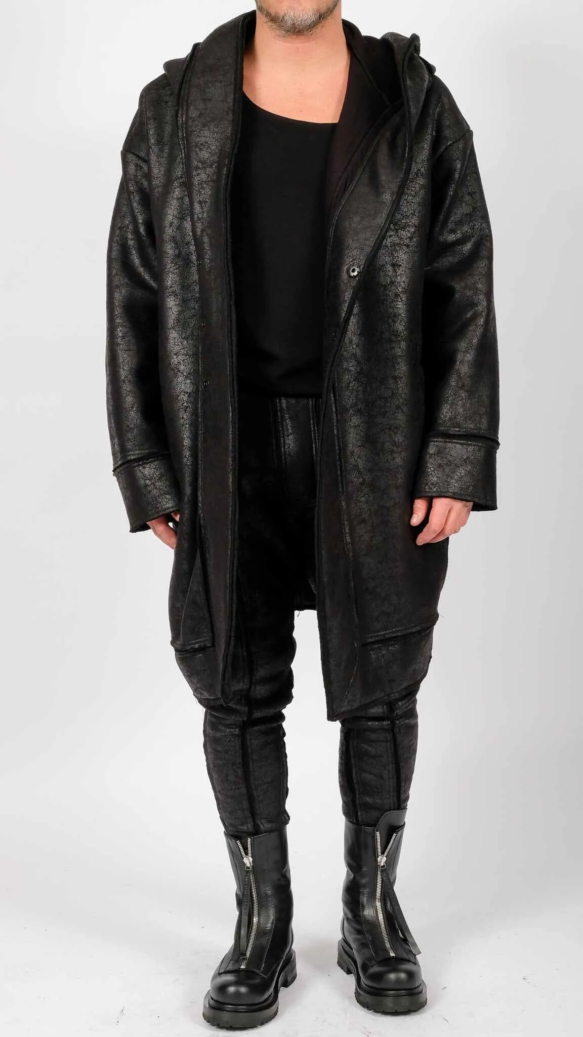 Leather Effect Coat with Hood