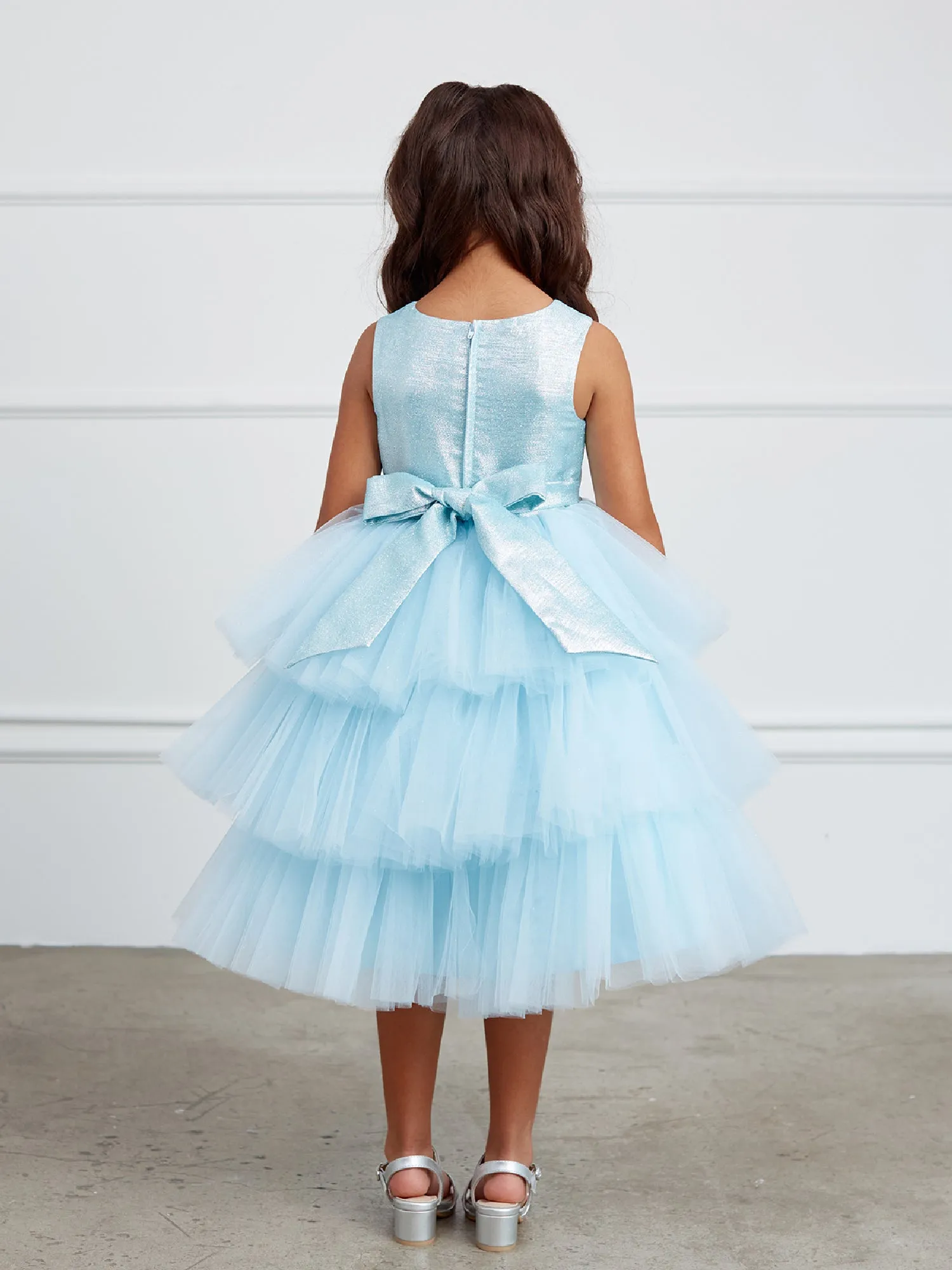 Little Girls Sky Blue Metallic Glitter Layered Tulle Flower Girl Dress 2-6