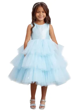 Little Girls Sky Blue Metallic Glitter Layered Tulle Flower Girl Dress 2-6
