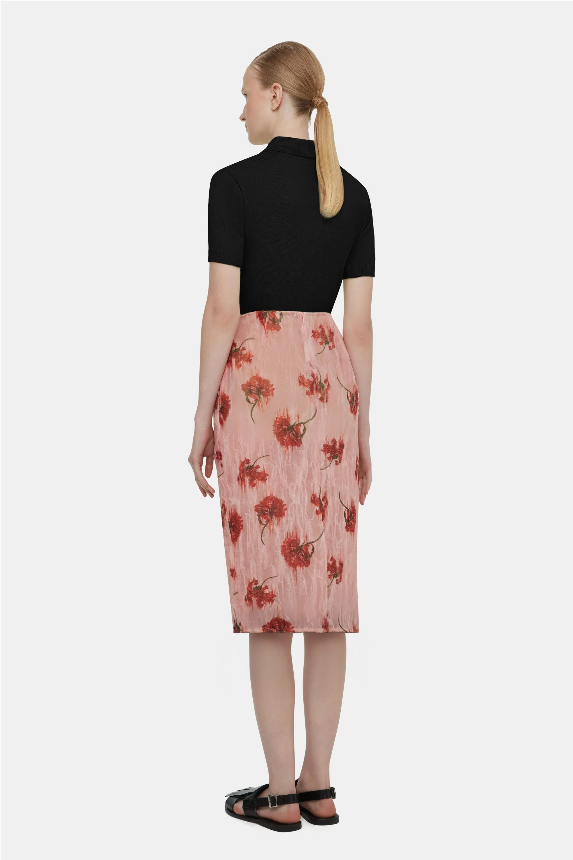 Lorelei Skirt In Coral Floral Print On Pink Textured Organza