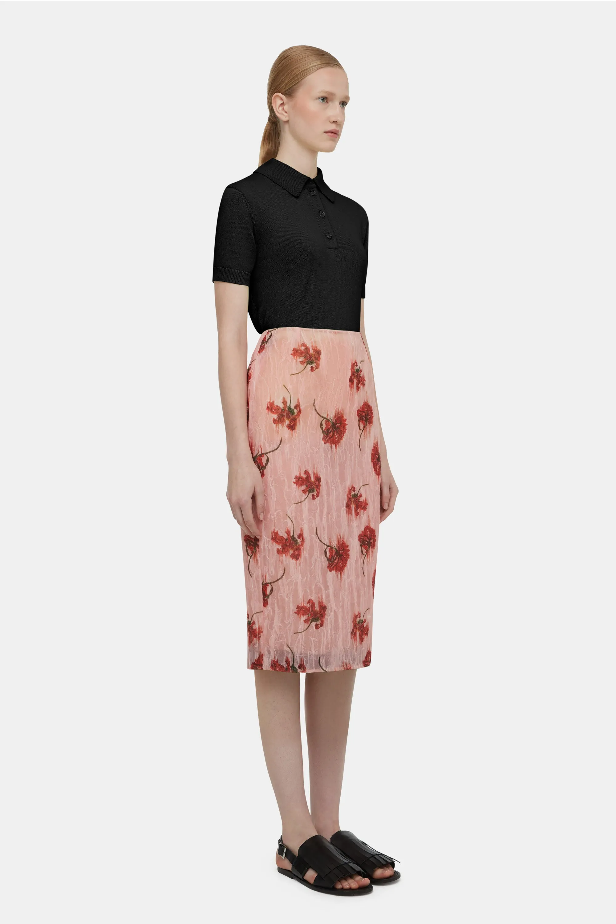 Lorelei Skirt In Coral Floral Print On Pink Textured Organza