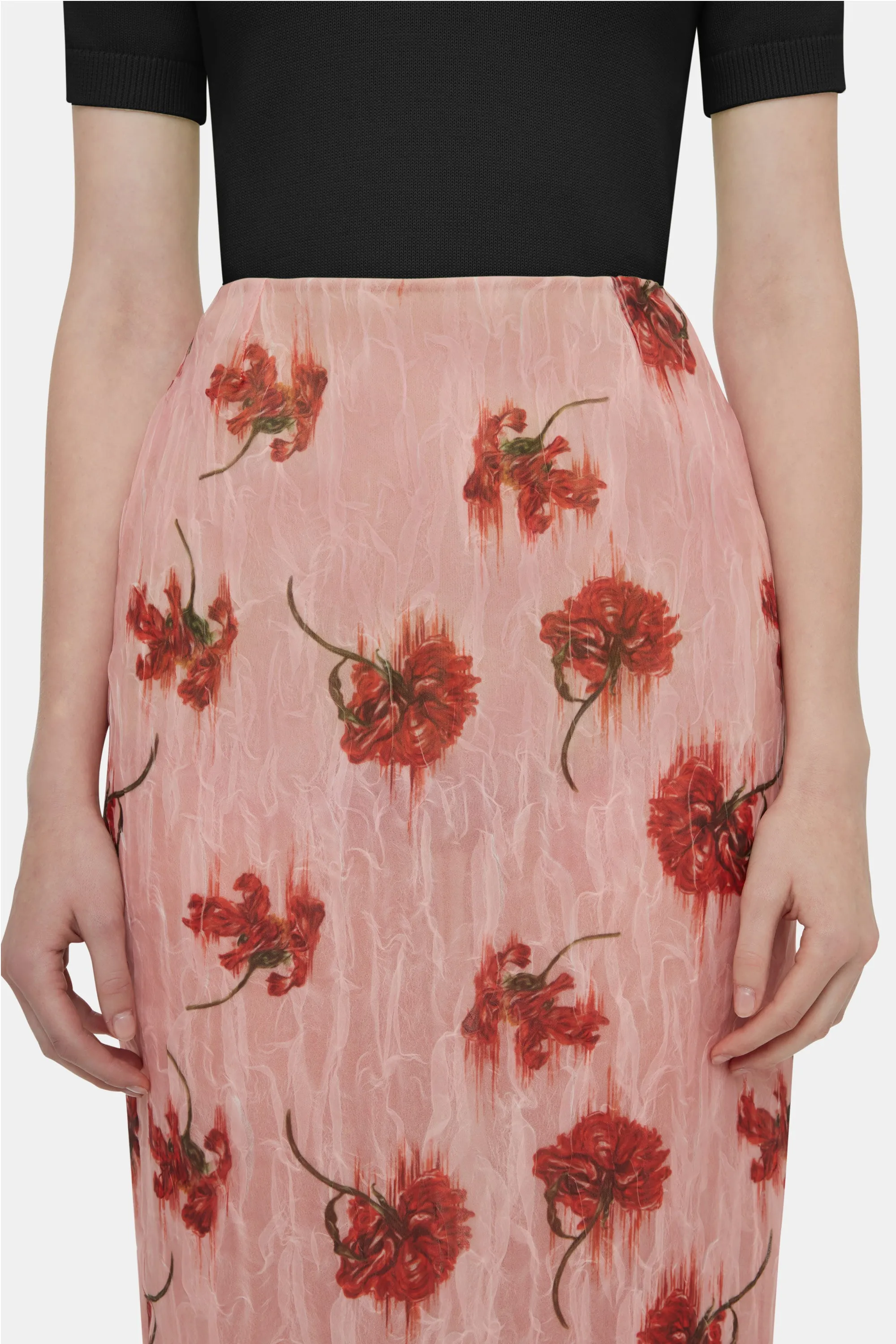Lorelei Skirt In Coral Floral Print On Pink Textured Organza