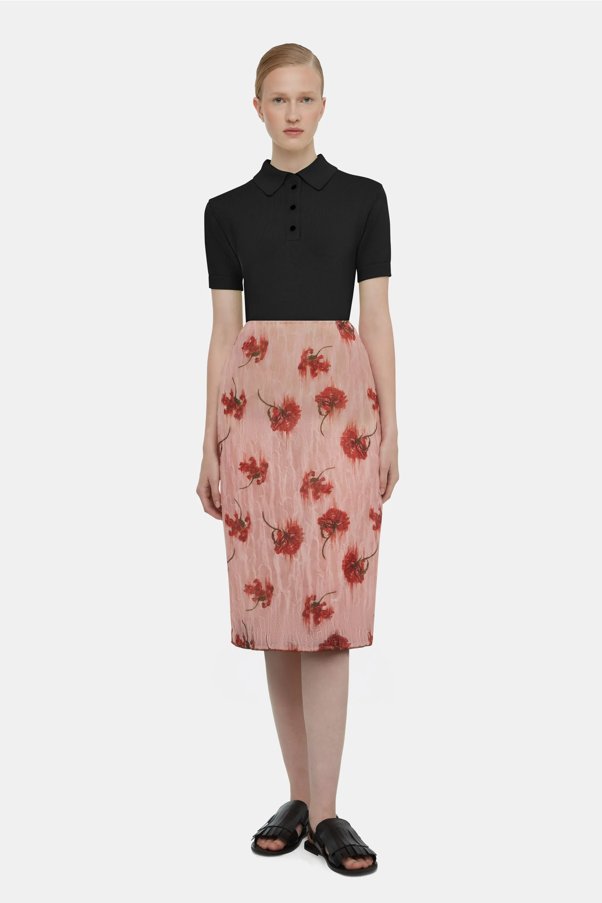 Lorelei Skirt In Coral Floral Print On Pink Textured Organza