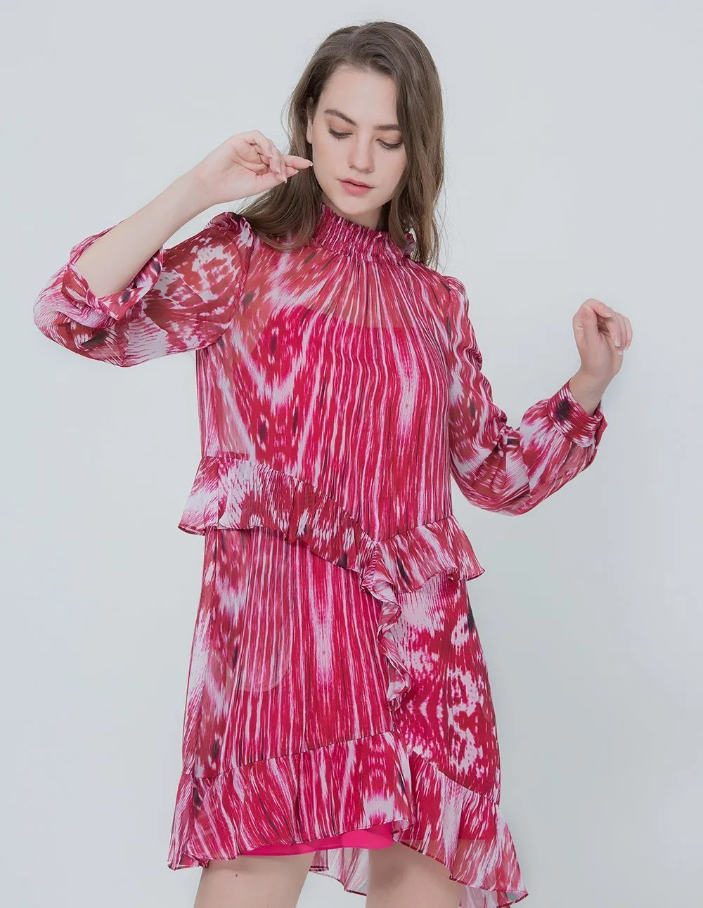 MARK FAST Women Chiffon Geometric Pattern Long Sleeve Mini Dress