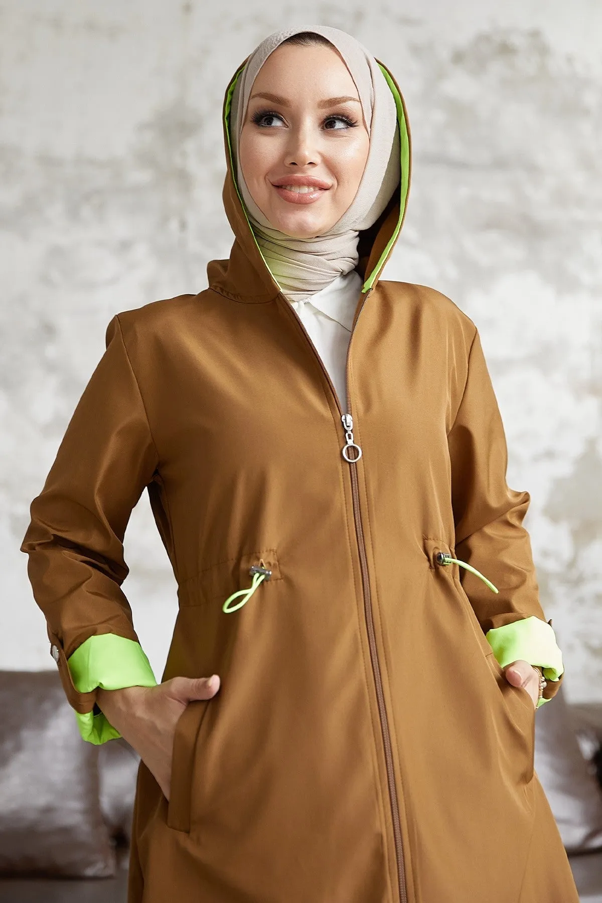 MDS Women Waist Ruffled Hooded Neon Trench Coat - Brown \ Green - Cary