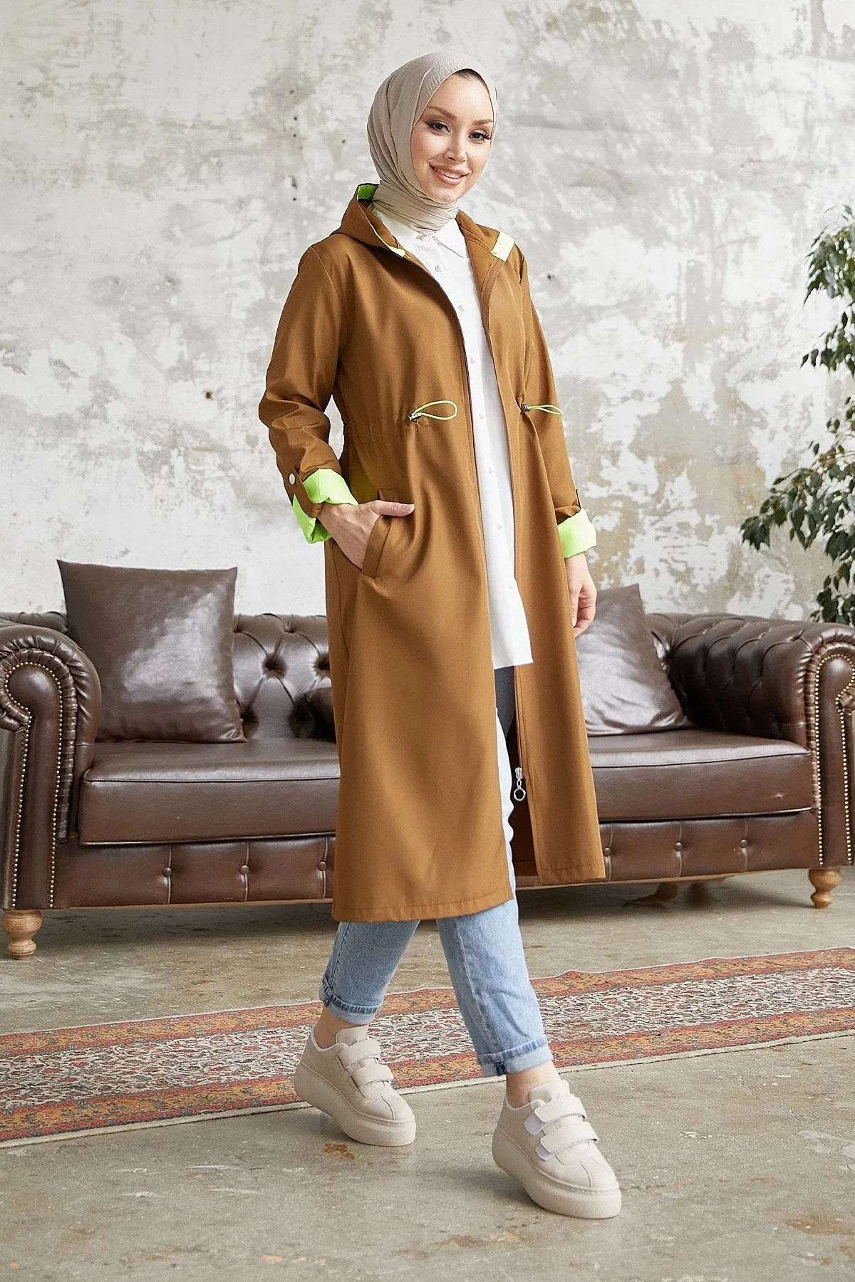 MDS Women Waist Ruffled Hooded Neon Trench Coat - Brown \ Green - Cary
