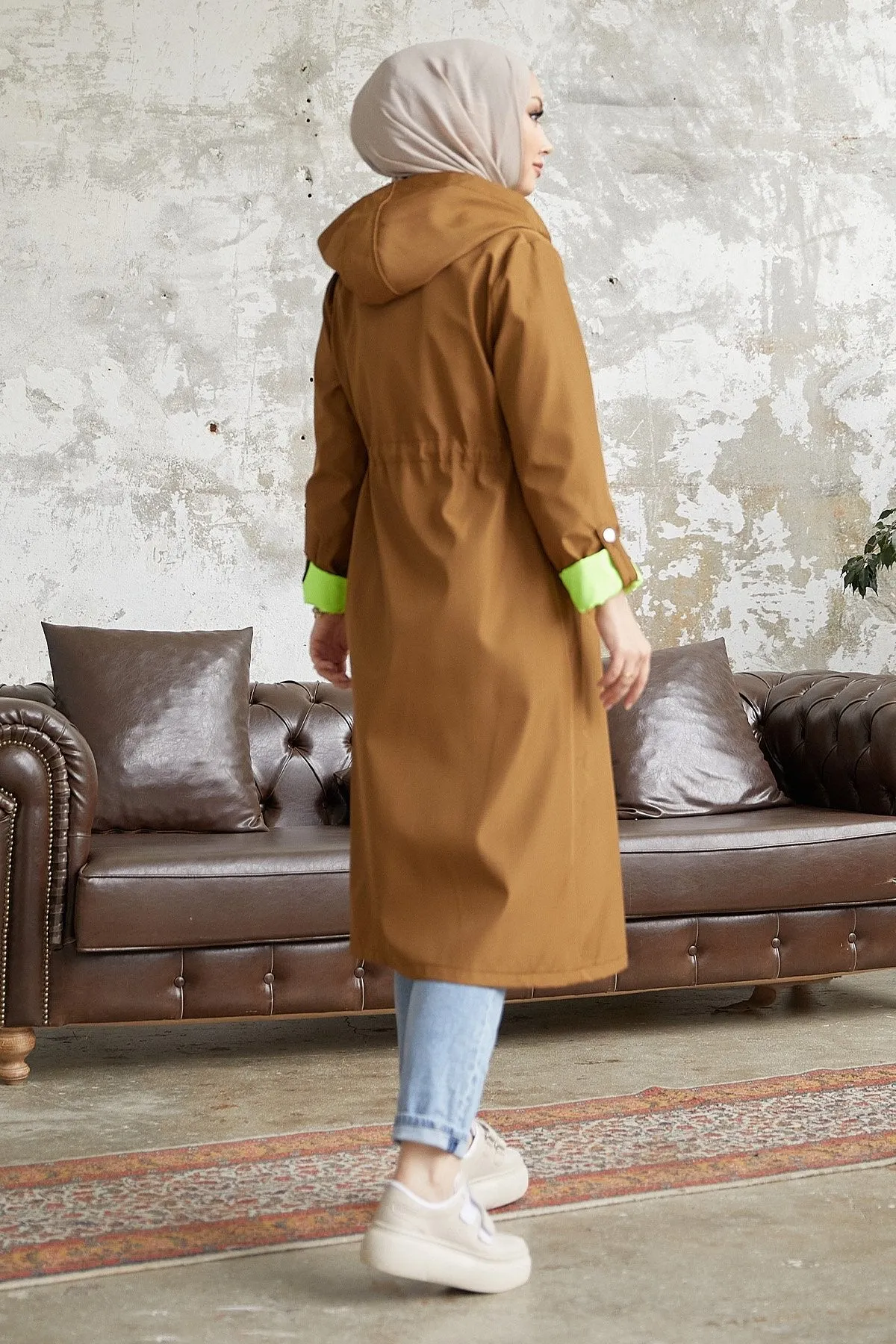 MDS Women Waist Ruffled Hooded Neon Trench Coat - Brown \ Green - Cary