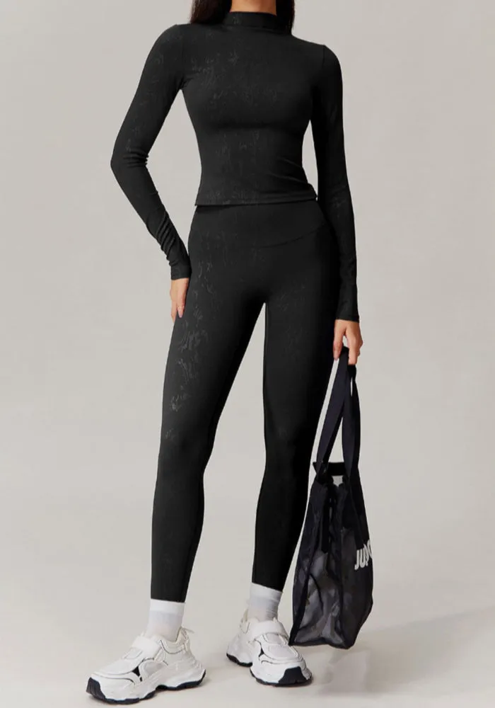 Moody Solid Color Washed Out Turtleneck Long Sleeve And High Waisted Ruched Booty Legging Set