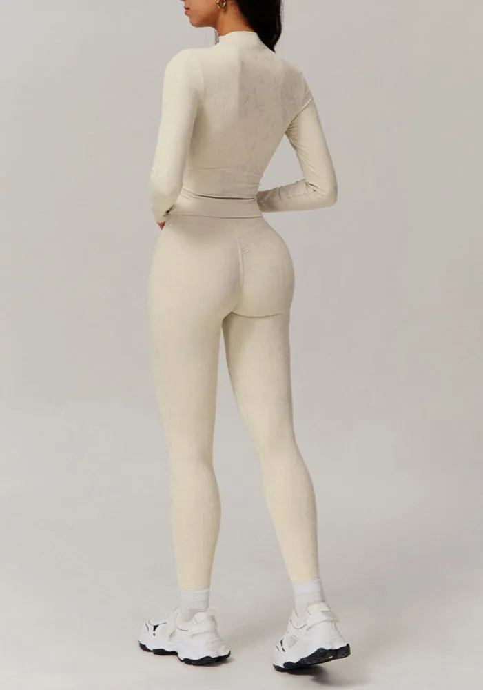 Moody Solid Color Washed Out Turtleneck Long Sleeve And High Waisted Ruched Booty Legging Set