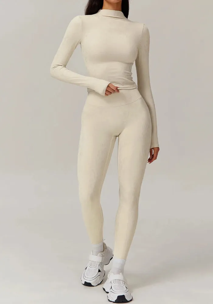 Moody Solid Color Washed Out Turtleneck Long Sleeve And High Waisted Ruched Booty Legging Set