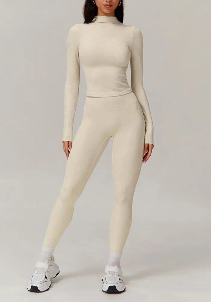 Moody Solid Color Washed Out Turtleneck Long Sleeve And High Waisted Ruched Booty Legging Set
