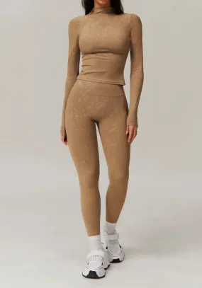 Moody Solid Color Washed Out Turtleneck Long Sleeve And High Waisted Ruched Booty Legging Set
