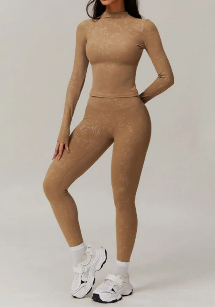 Moody Solid Color Washed Out Turtleneck Long Sleeve And High Waisted Ruched Booty Legging Set