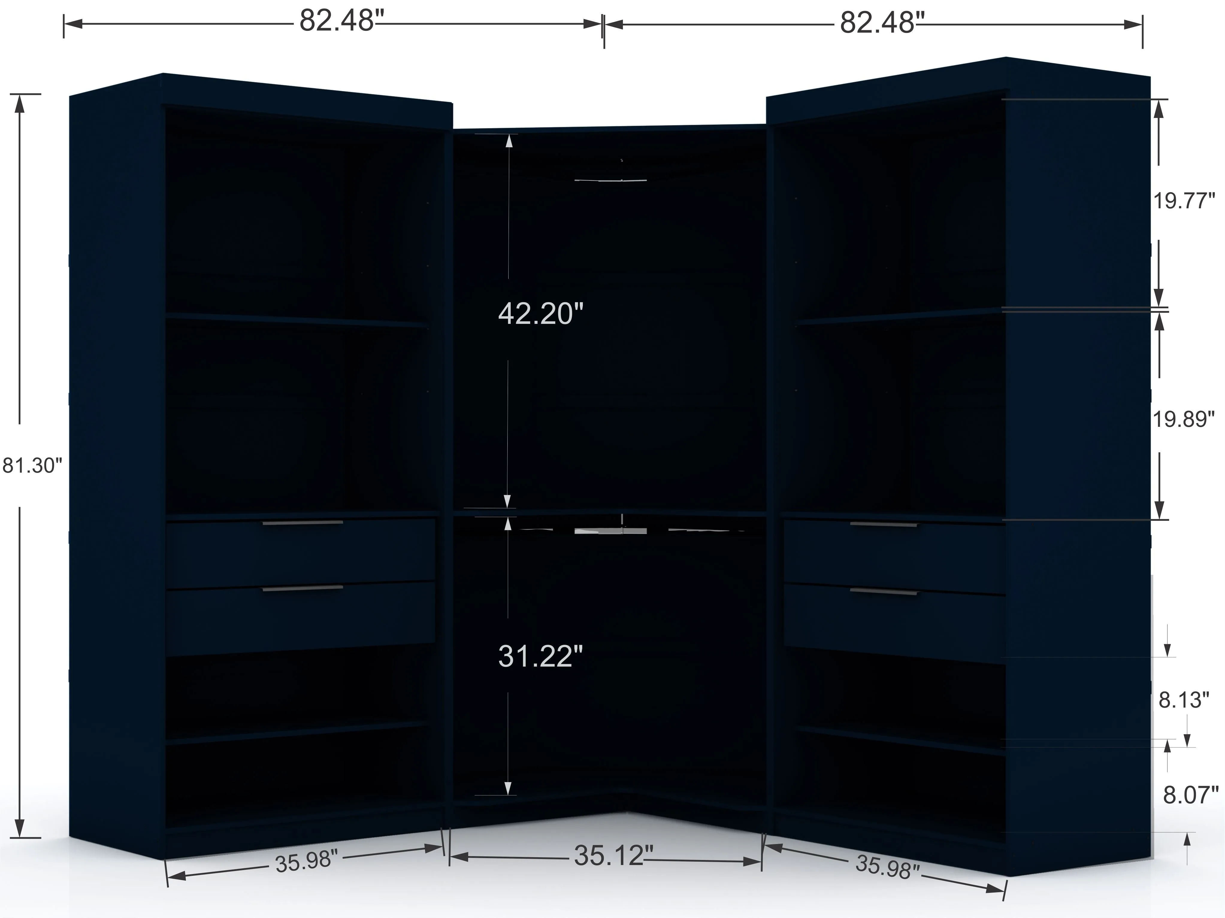 Mulberry 3.0 Sectional Modern Wardrobe Corner Closet with 4 Drawers - Set of 3 in Tatiana Midnight Blue