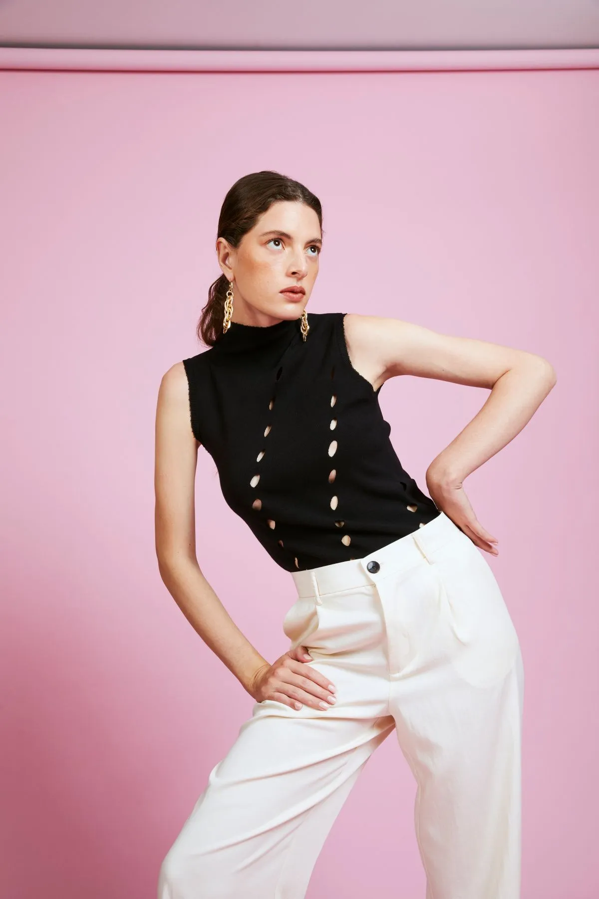 Nathalie Black Tank Top with Hole Detail and Slit Collar