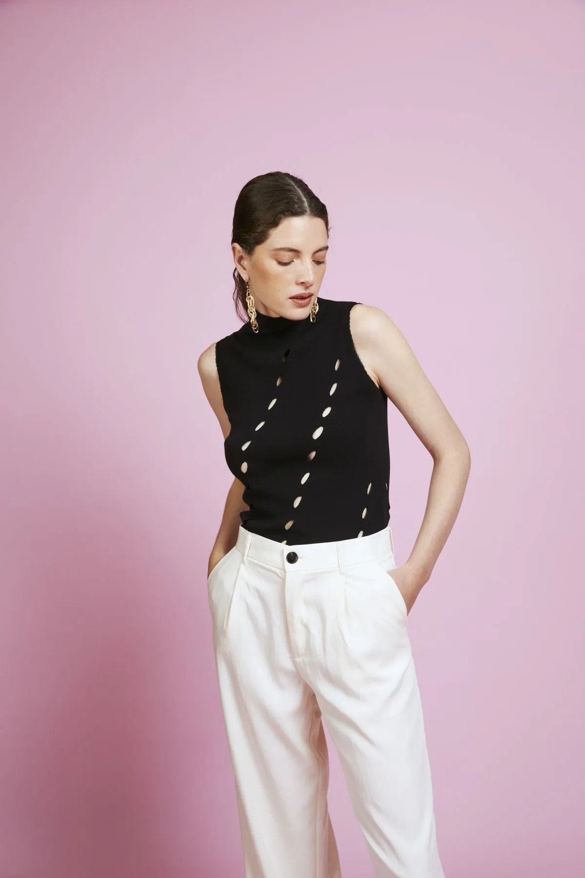 Nathalie Black Tank Top with Hole Detail and Slit Collar