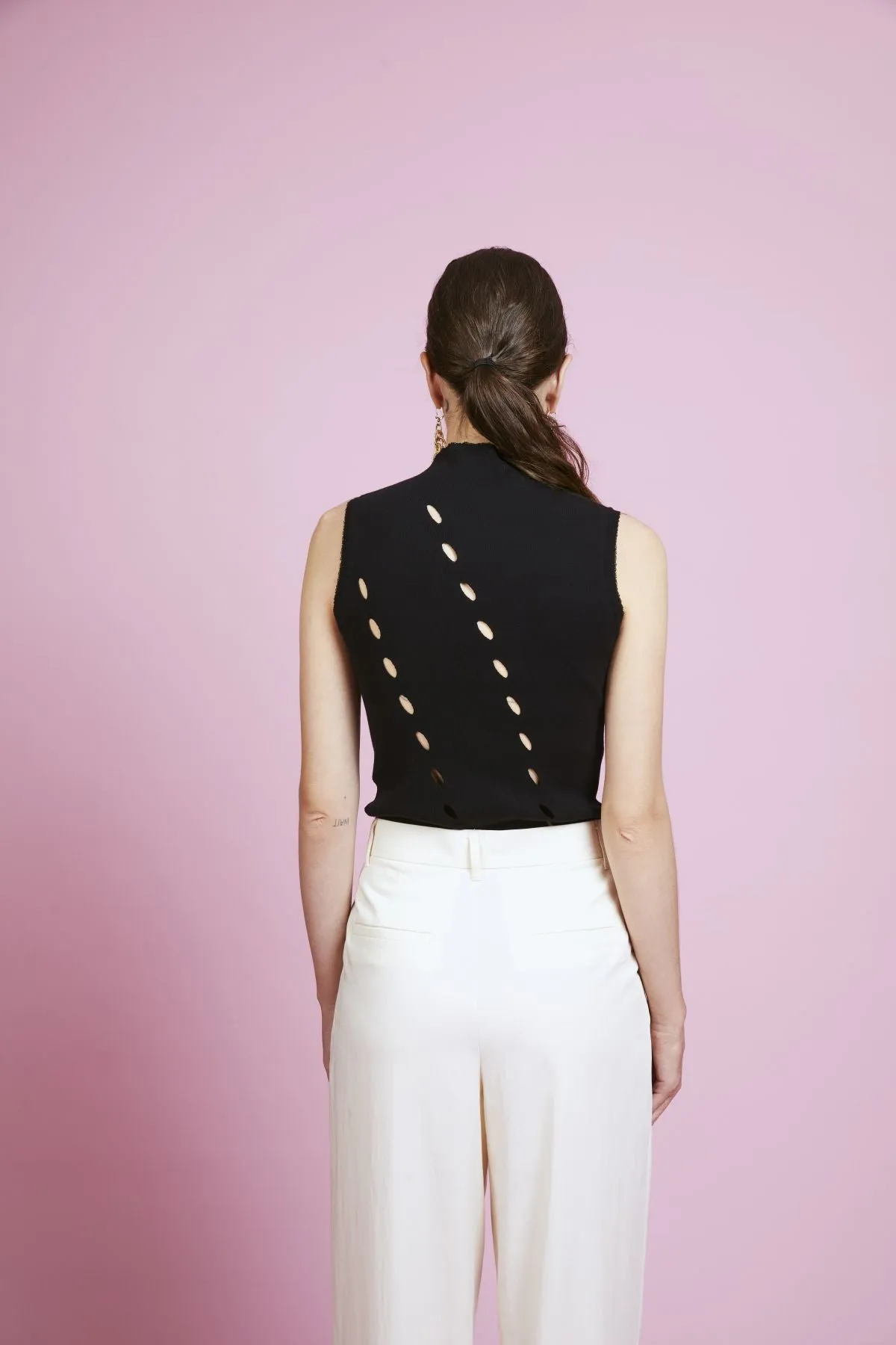 Nathalie Black Tank Top with Hole Detail and Slit Collar