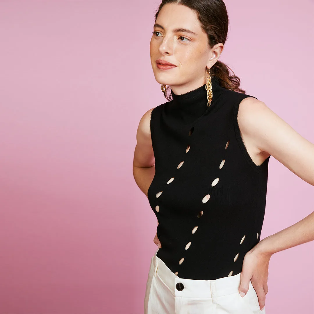 Nathalie Black Tank Top with Hole Detail and Slit Collar