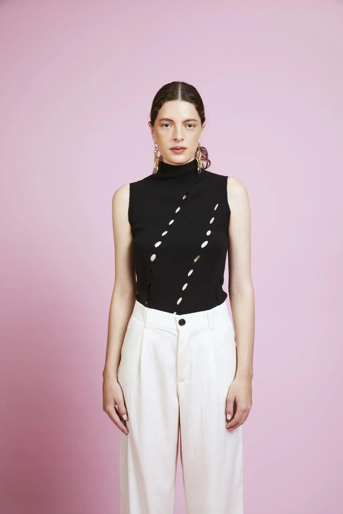 Nathalie Black Tank Top with Hole Detail and Slit Collar
