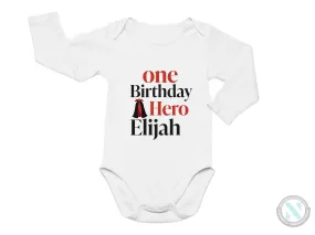 One Birthday Hero Custom Baby Grow Gift for Boys, Personalized Birthday Boy Name Bodysuit