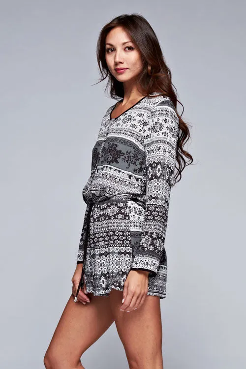 Printed Accent Long Sleeve Drawstring Romper
