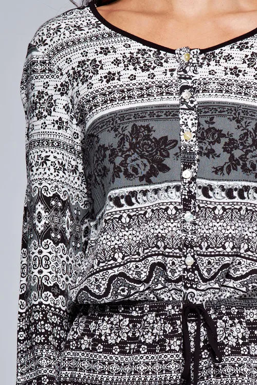 Printed Accent Long Sleeve Drawstring Romper
