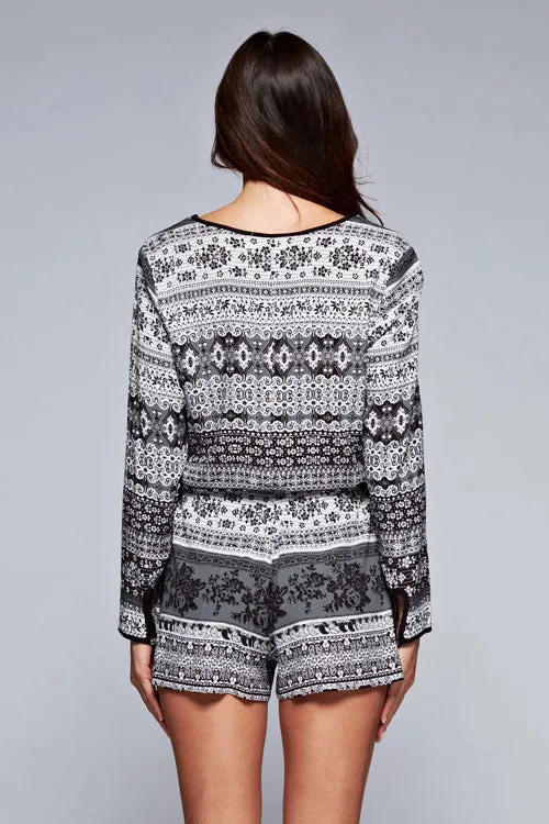 Printed Accent Long Sleeve Drawstring Romper