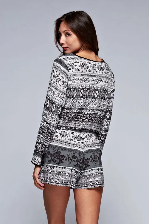 Printed Accent Long Sleeve Drawstring Romper