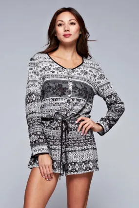 Printed Accent Long Sleeve Drawstring Romper