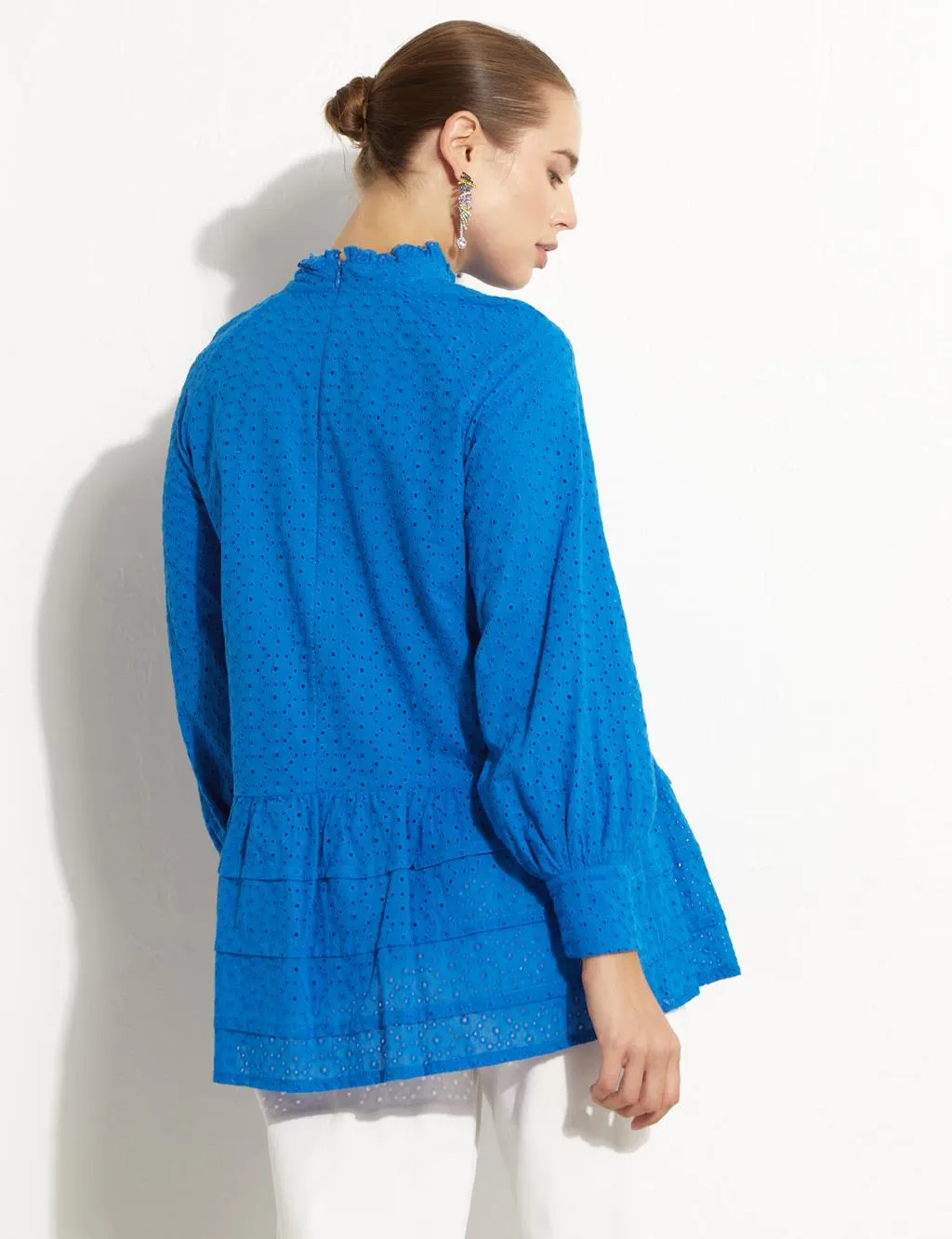 Ruffle Collar Embroidery Tunic Cobalt Blue