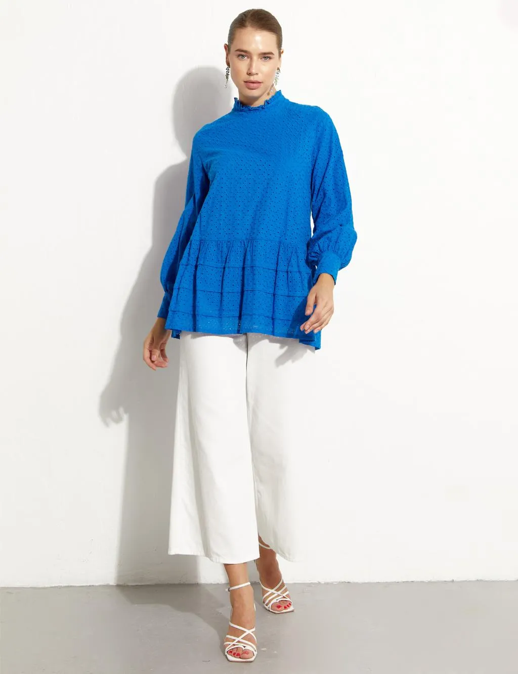 Ruffle Collar Embroidery Tunic Cobalt Blue