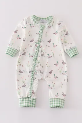 Sage Duck Print Ruffle Zip Girl Romper