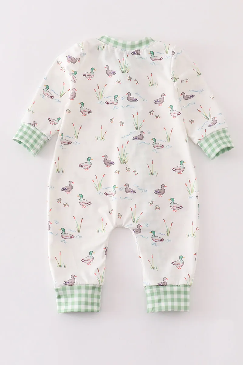 Sage Duck Print Ruffle Zip Girl Romper