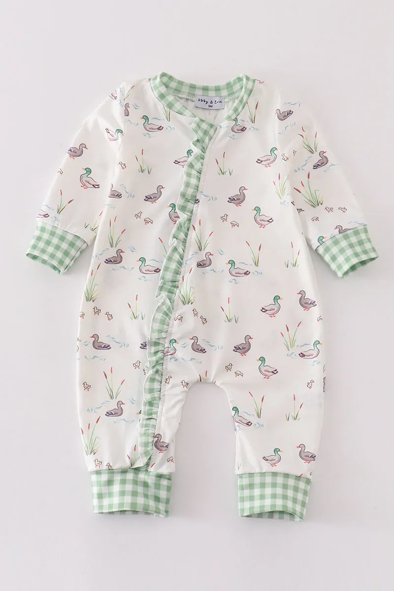 Sage Duck Print Ruffle Zip Girl Romper
