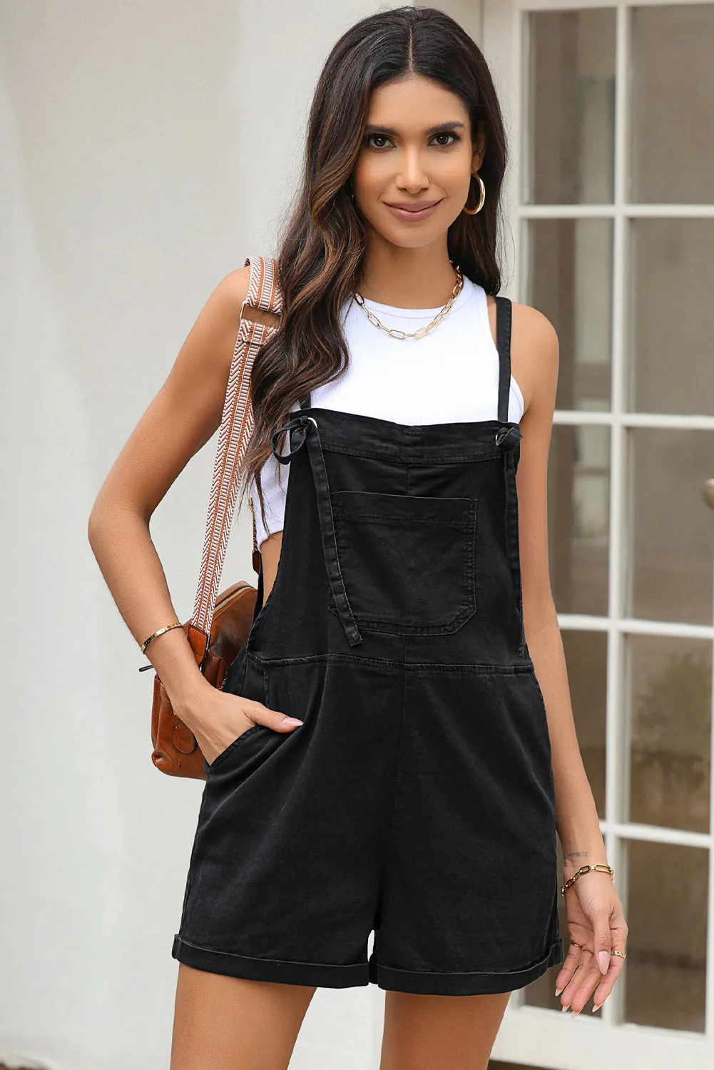 Saige Grommet Tie Straps Casual Denim Romper