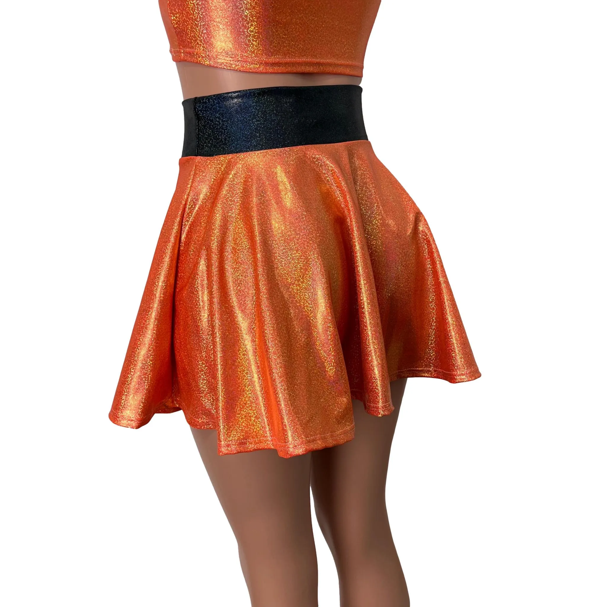 Skater Skirt - Orange Sparkle Holographic w/Black Sparkle Waistband