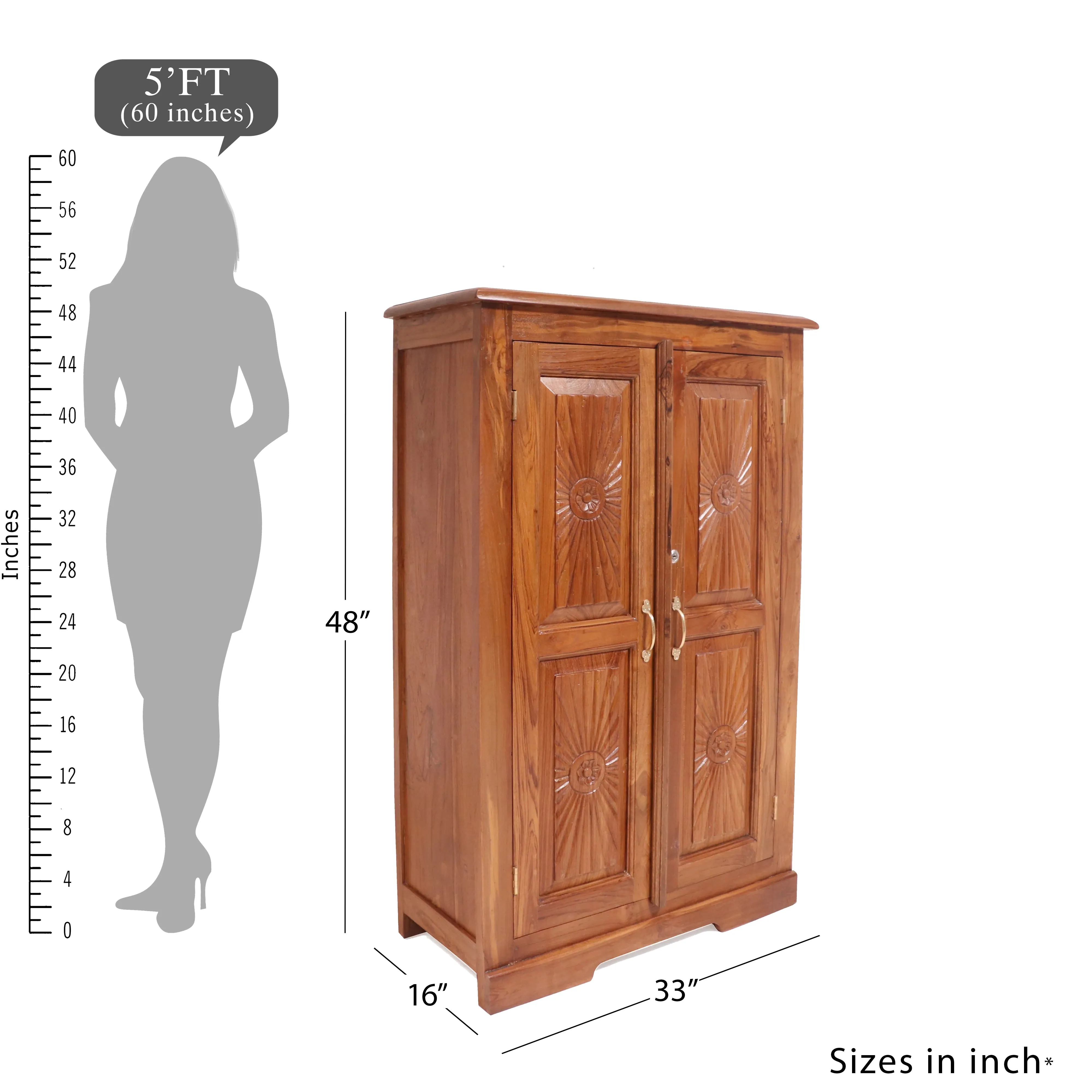 Solid  beautifully carved natural tone polished Wardrobe cabinet