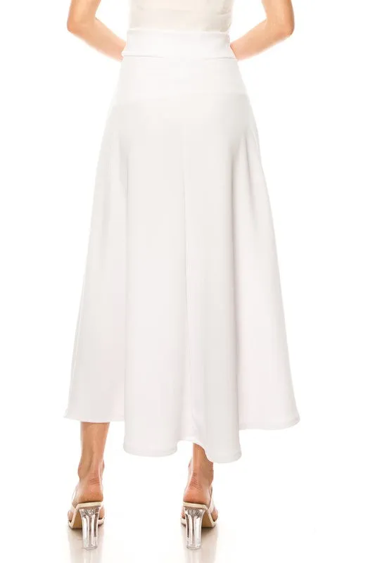 Solid, high waisted, A-line, midi skirt