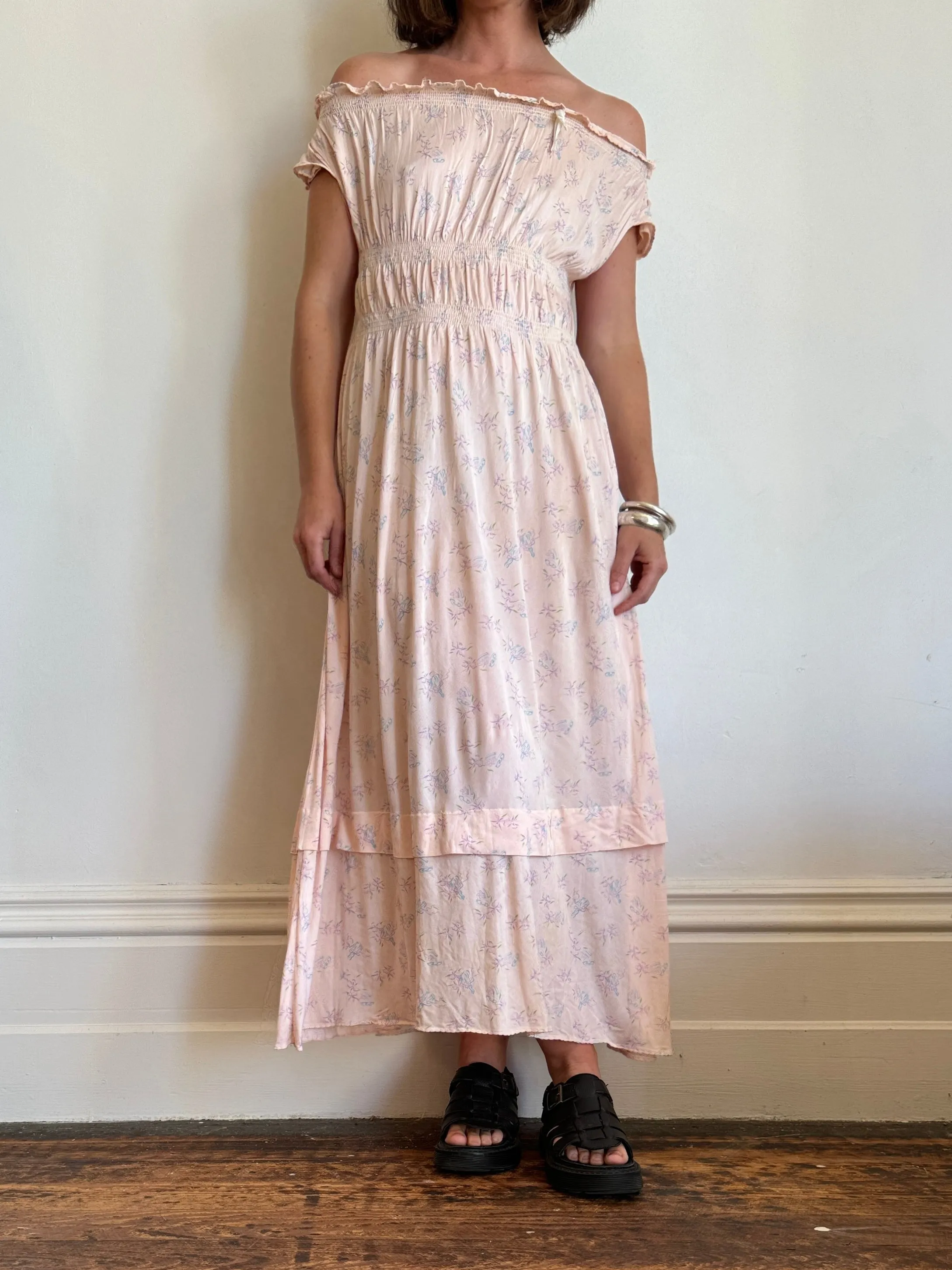 Vintage Baby Pink Floral Off The Shoulder Day Dress