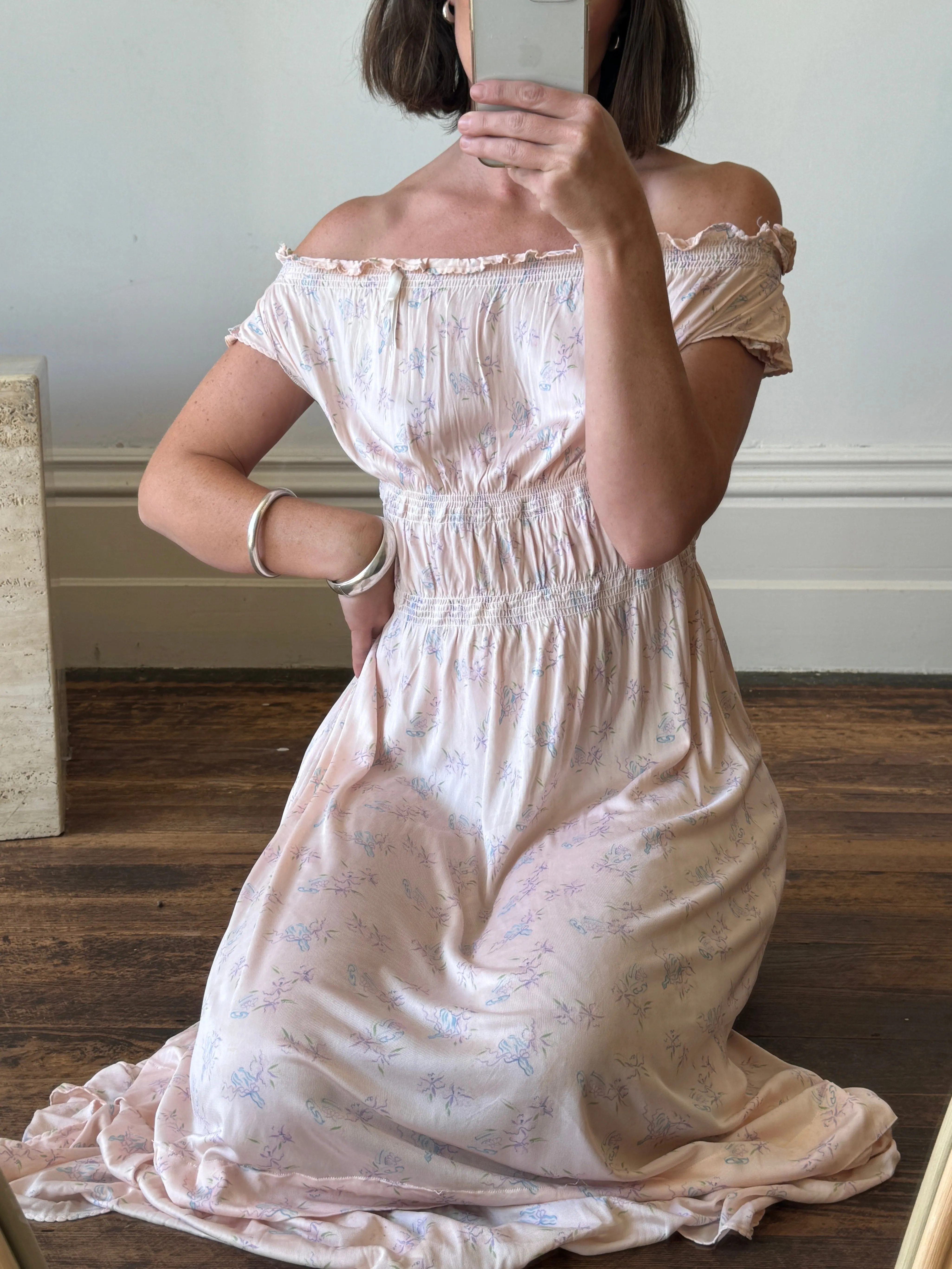 Vintage Baby Pink Floral Off The Shoulder Day Dress