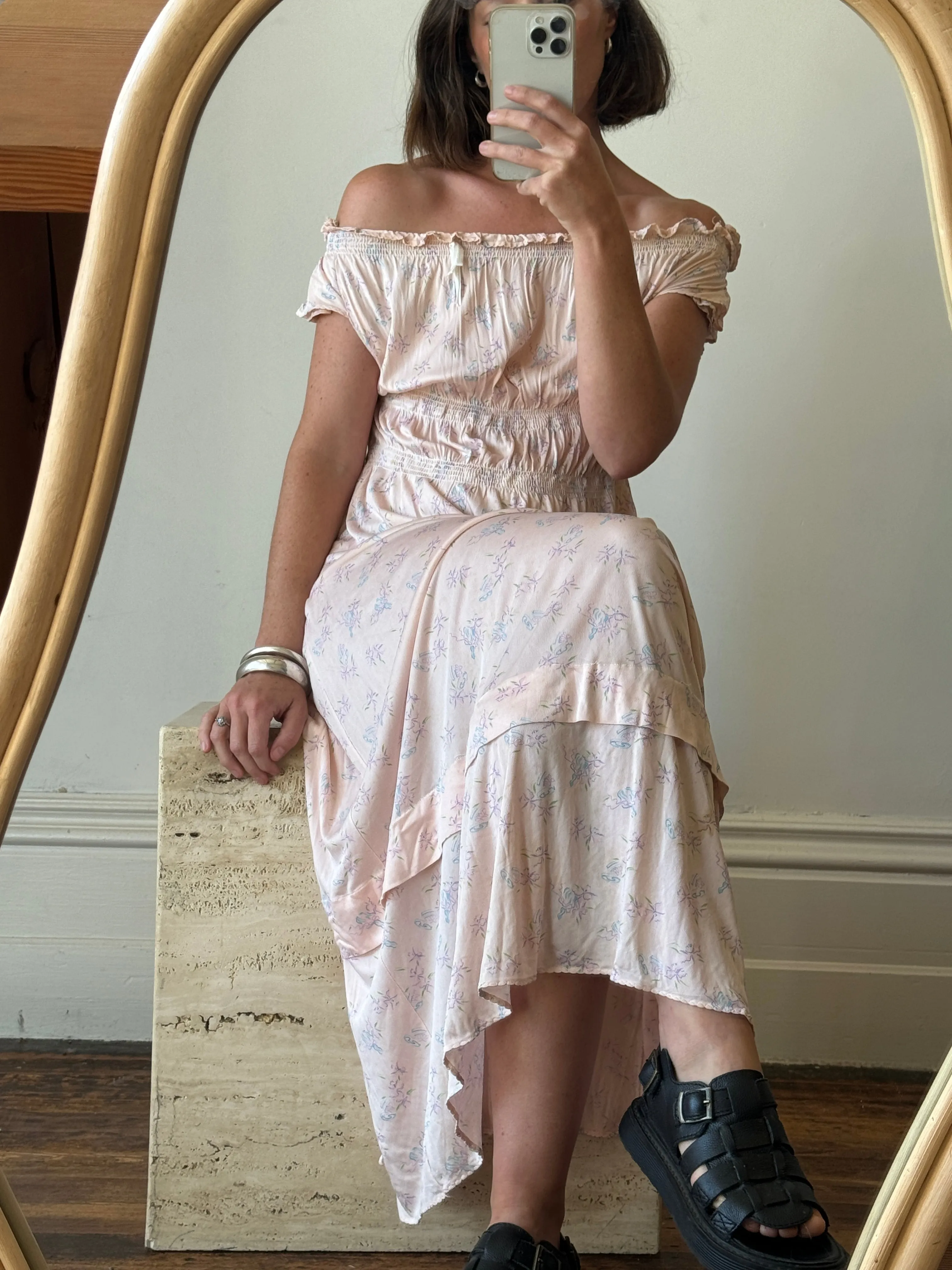 Vintage Baby Pink Floral Off The Shoulder Day Dress