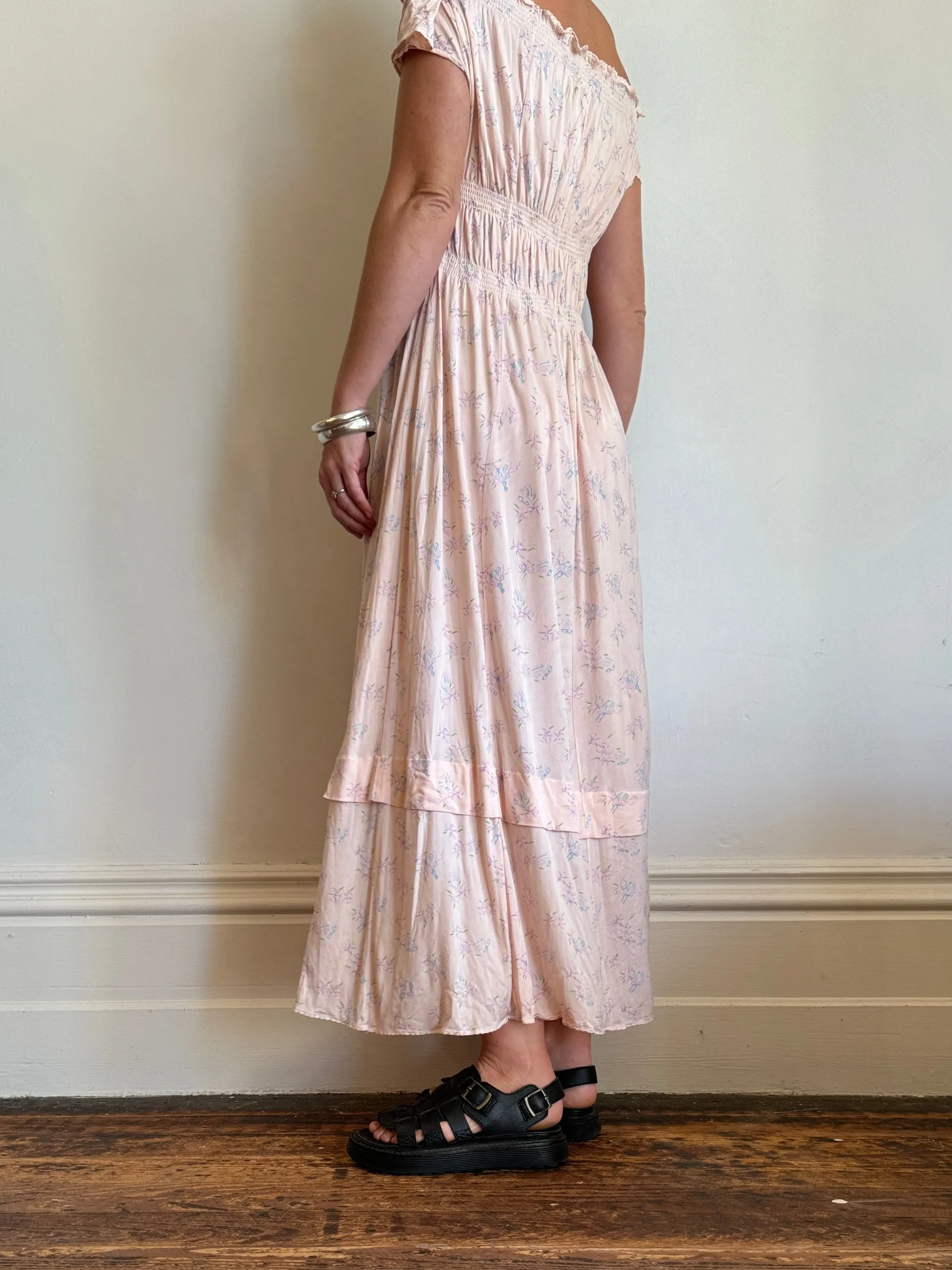 Vintage Baby Pink Floral Off The Shoulder Day Dress