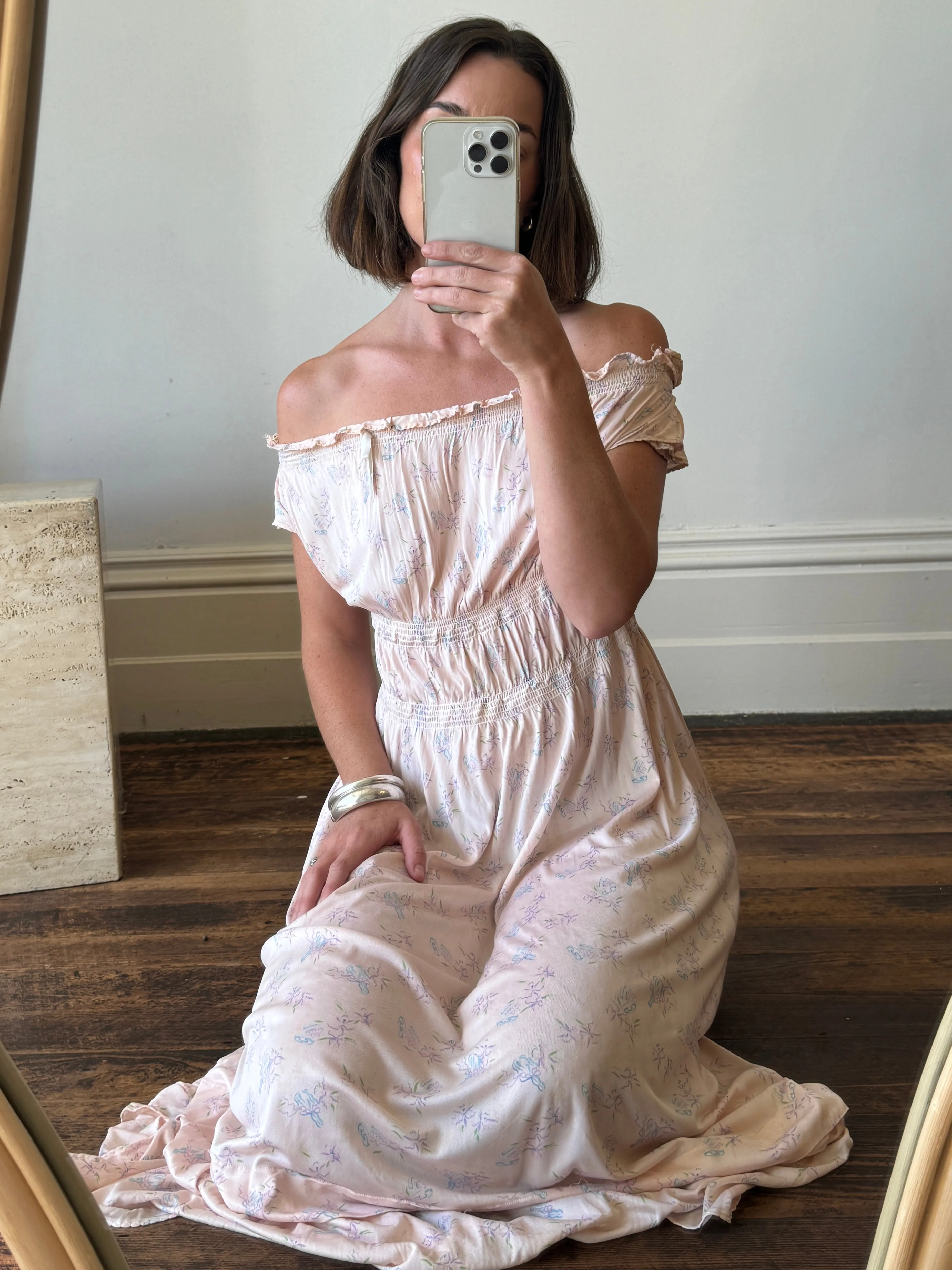 Vintage Baby Pink Floral Off The Shoulder Day Dress