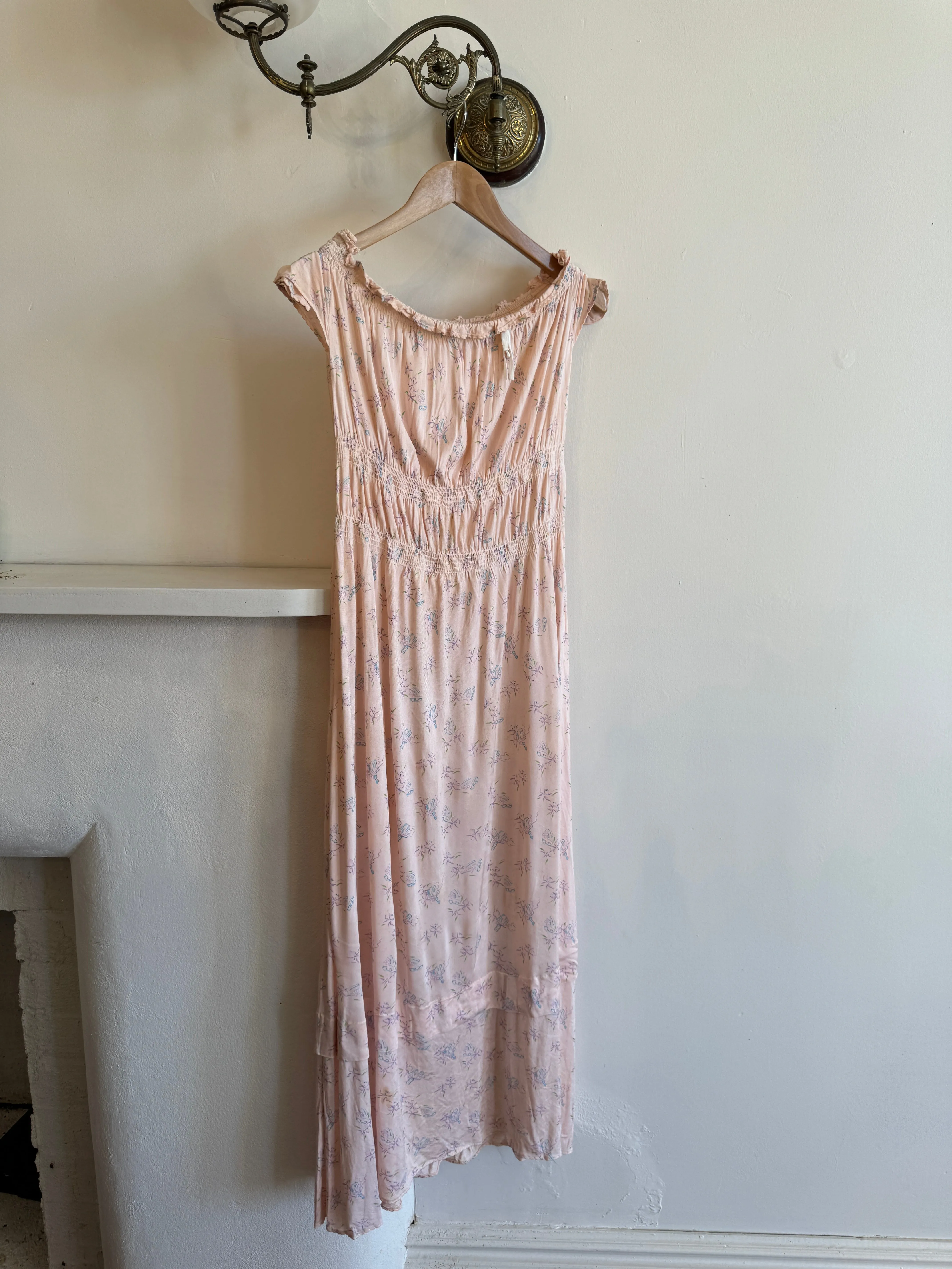 Vintage Baby Pink Floral Off The Shoulder Day Dress