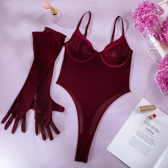 Women Sheer Mesh Lace Cami Bodysuit With Long Gloves