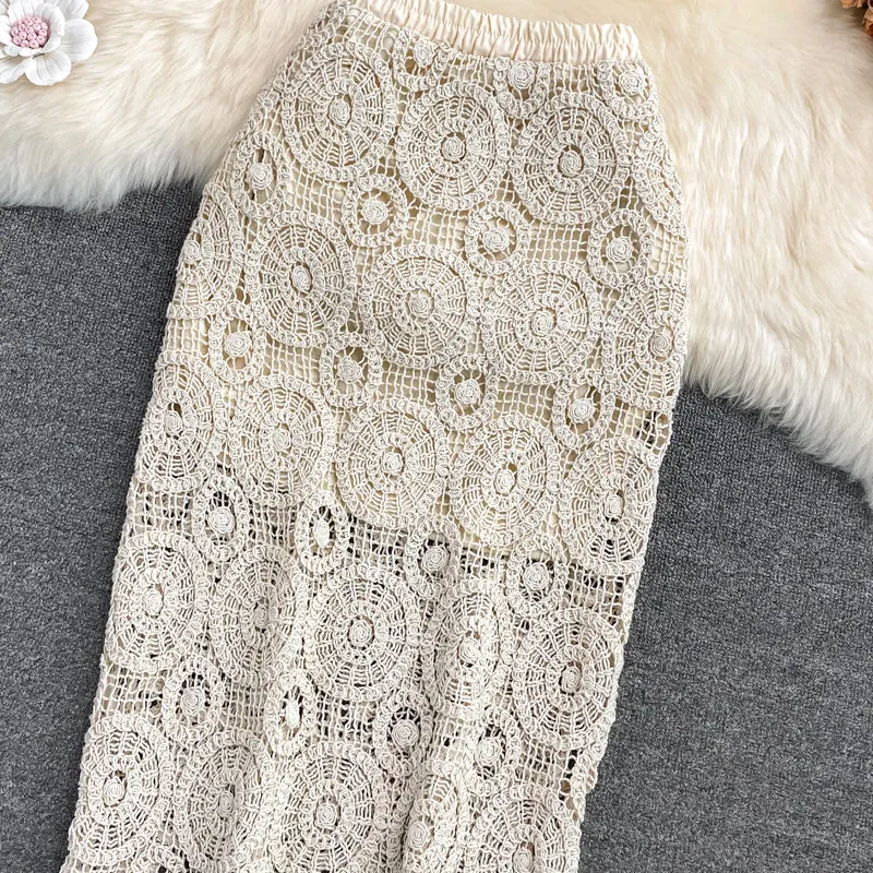 Women Vintage Hollow Out Pencil Midi Skirt